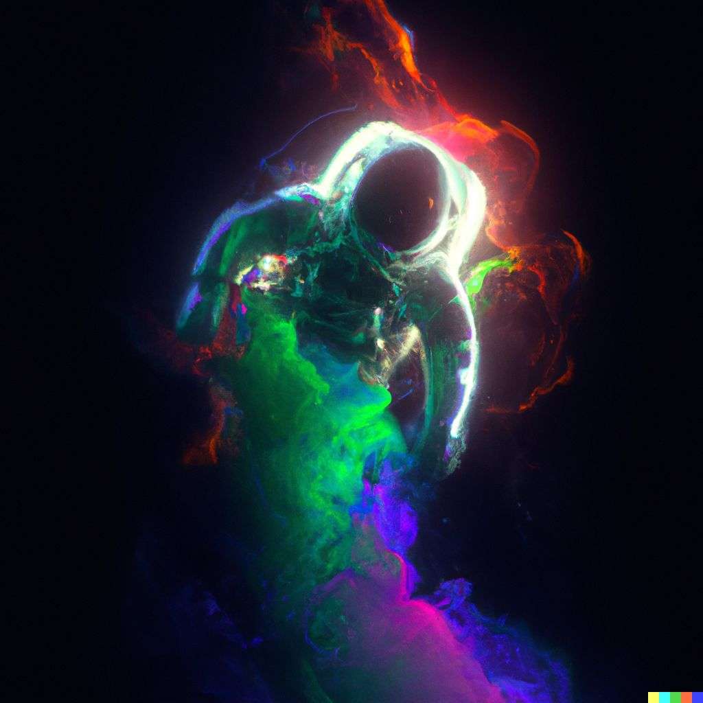 an astronaut made of very detailed curling wispy glowing multicolored smoke, digital art, volumetric, 3D render, Octane render